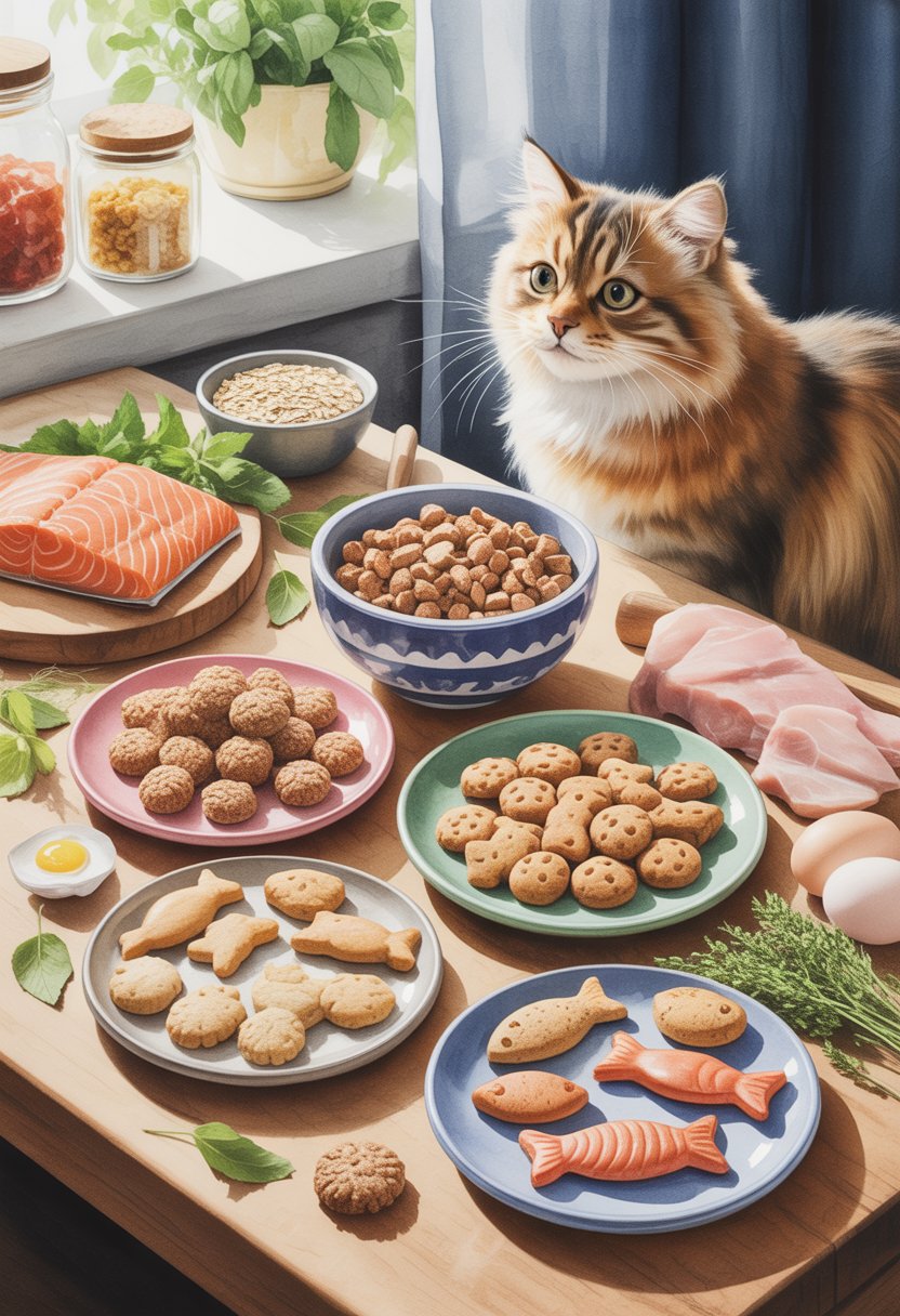 A cat sitting near a wooden table with five bowls of homemade cat treats and fresh ingredients in a cozy kitchen.