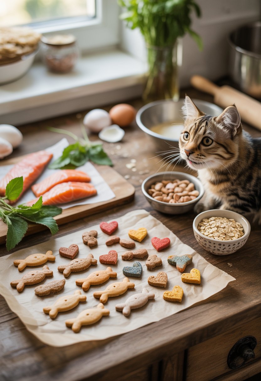 A happy cat sitting near a wooden table filled with various homemade cat treats and fresh ingredients in a cozy kitchen.