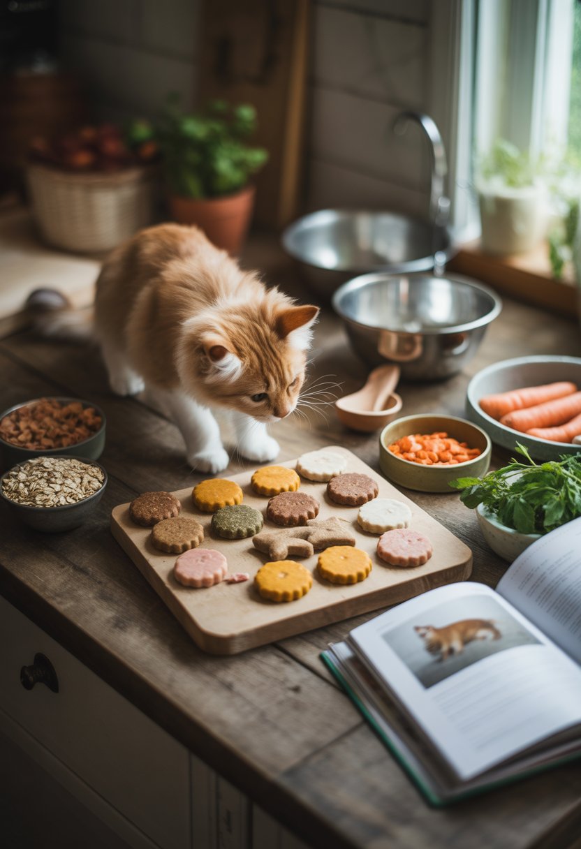 A cat sniffing homemade cat treats on a wooden table surrounded by fresh ingredients and kitchen utensils.