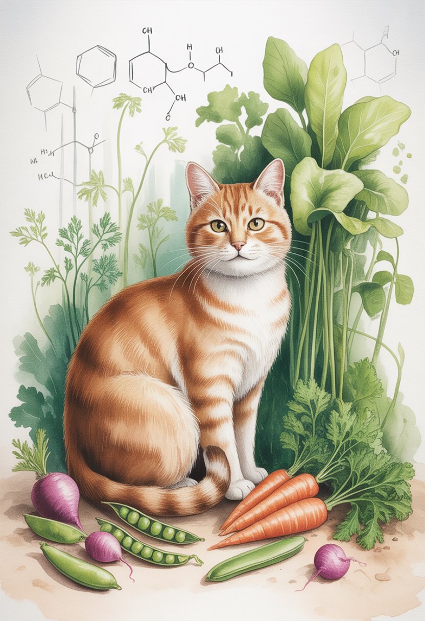 A domestic cat sitting in a garden surrounded by fresh vegetables and green plants, looking healthy and curious.