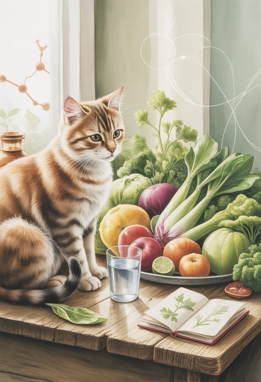 A domestic cat sitting beside various fresh vegetables and plant-based foods on a wooden table, with a small open book nearby, set in a cozy room with soft natural light.