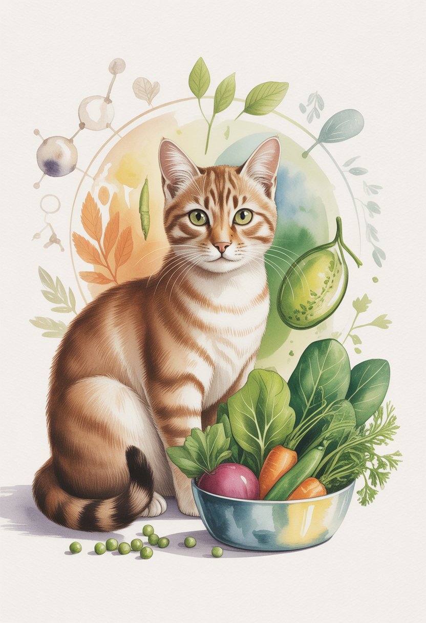 A healthy cat sitting next to a bowl of fresh vegetables with subtle scientific illustrations in the background.