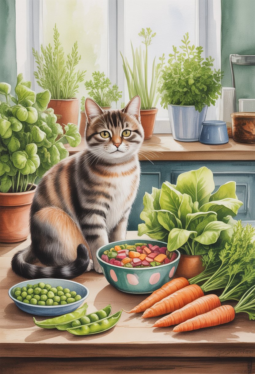 A domestic cat sitting calmly on a table with a bowl of plant-based food, surrounded by green plants and vegetables in a cozy kitchen setting.