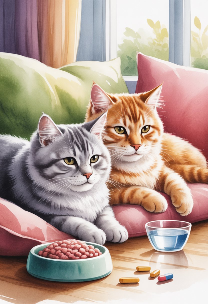 Two senior cats resting comfortably in a cozy room with bowls of food and water nearby.