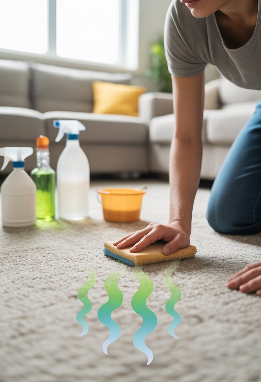 A person cleaning a carpet in a bright living room with cleaning supplies nearby, symbolizing removing cat pee smell.
