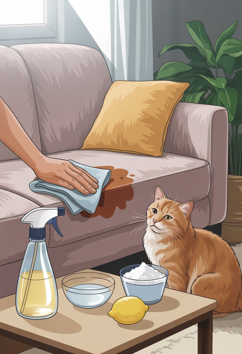 A person cleaning a spot on a couch with a cloth while household ingredients like vinegar, baking soda, and a spray bottle sit on a nearby table, with a cat sitting calmly on the floor.