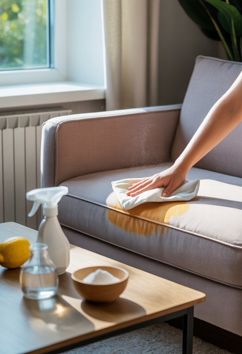 A living room with a couch near an open window, a cloth blotting a damp spot on the couch, and natural cleaning ingredients like baking soda and lemon on a table.