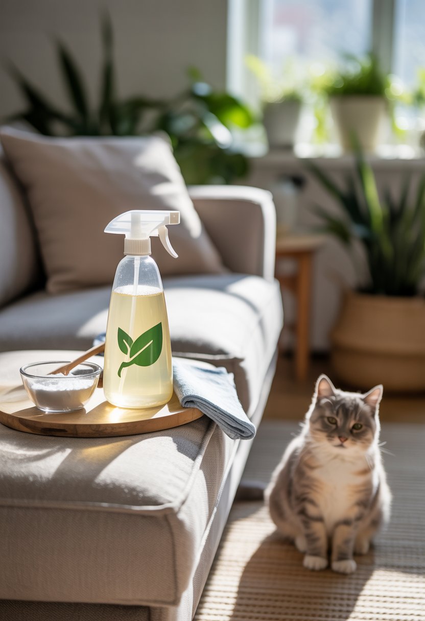 Living room with a sofa, a spray bottle and natural cleaning ingredients on a side table, and a calm cat sitting on the floor nearby.