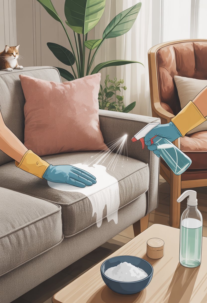 A person cleaning different types of furniture in a living room using natural cleaning products, with a cat sitting nearby.