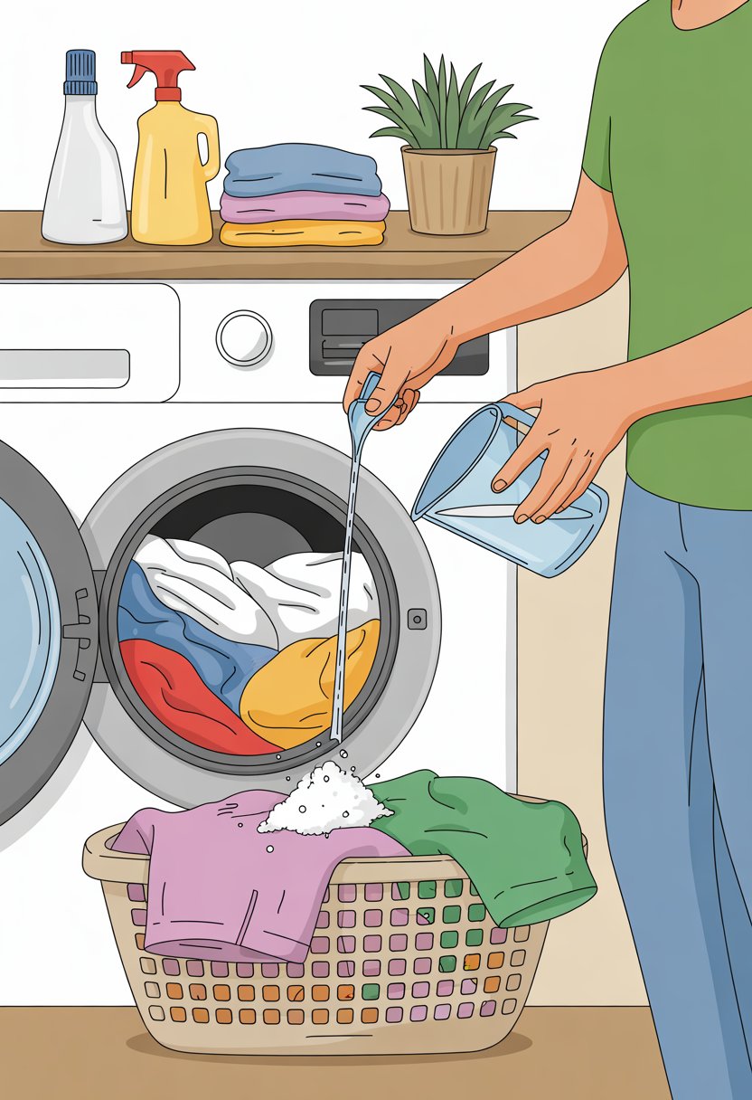 A person preparing to wash clothes stained with cat urine using white vinegar and baking soda in a laundry room.