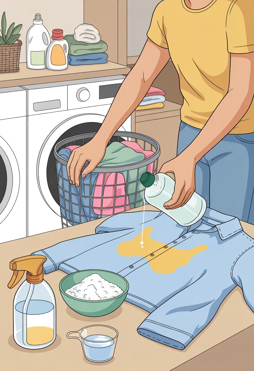 A person treating clothes stained with cat urine in a laundry room using white vinegar, baking soda, and household cleaning items before washing.