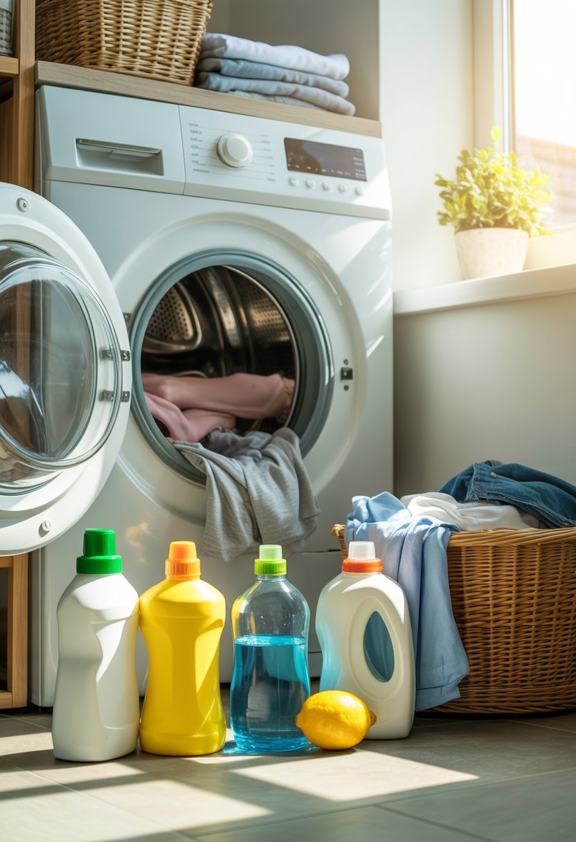 Hands placing clothes into a washing machine surrounded by household cleaning items in a bright laundry room.