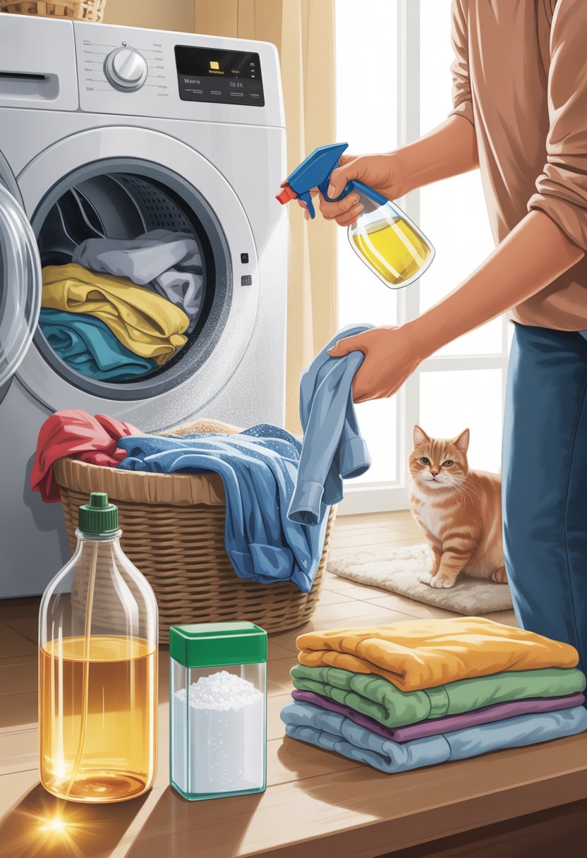 A person treating a stained shirt with cleaning supplies near a washing machine while a cat sits calmly in the background.