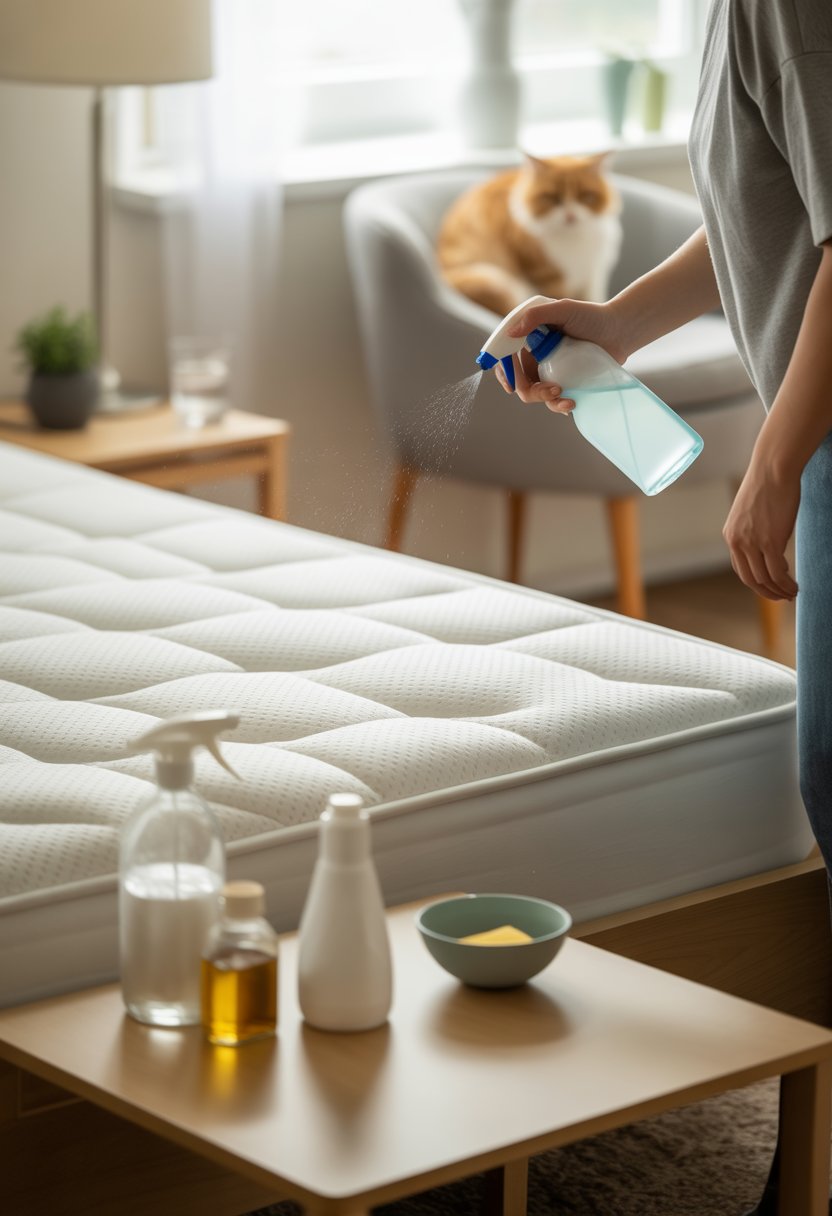 A person sprays a cleaning solution on a mattress in a bright bedroom, with cleaning supplies nearby and a calm cat sitting on a chair.