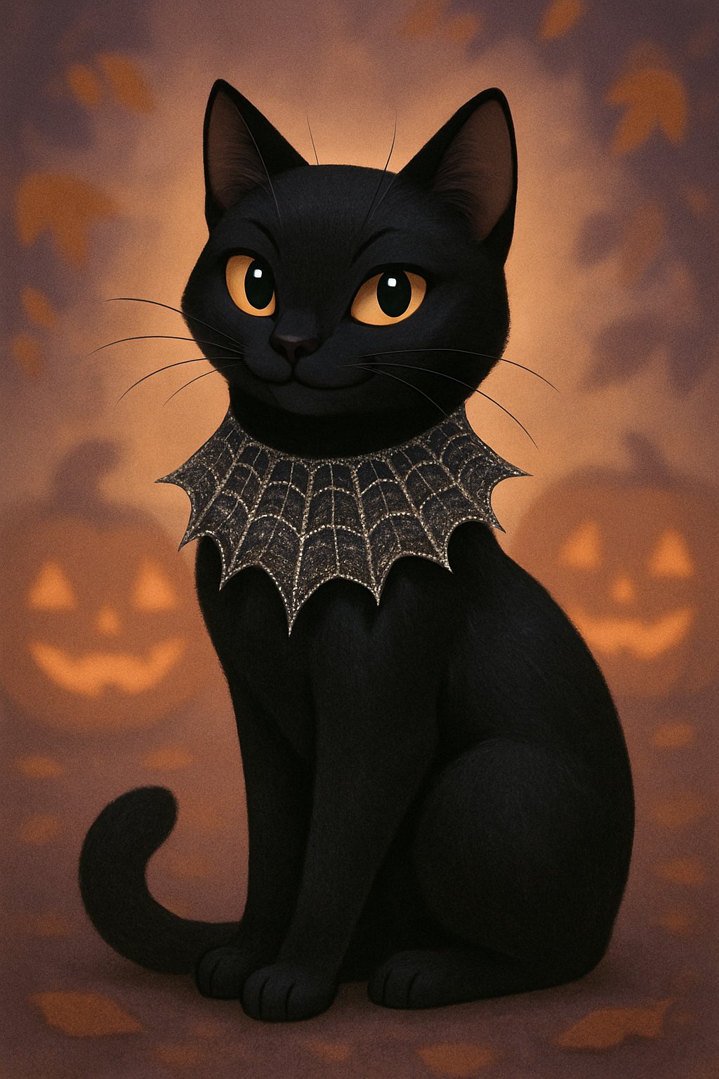 A black cat wearing a glittery spider web collar sitting calmly with a softly glowing Halloween background.