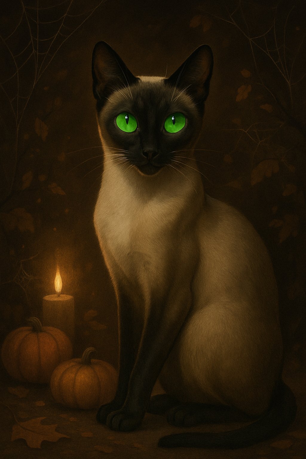 A sleek Siamese cat with glowing green eyes surrounded by Halloween decorations like pumpkins and cobwebs.