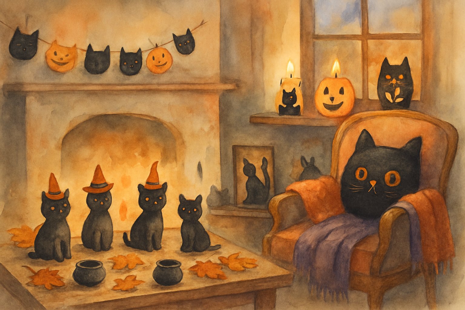 A cozy room decorated with various Halloween cat-themed decorations including cat figurines, cat-shaped lanterns, jack-o'-lanterns, and autumn leaves.