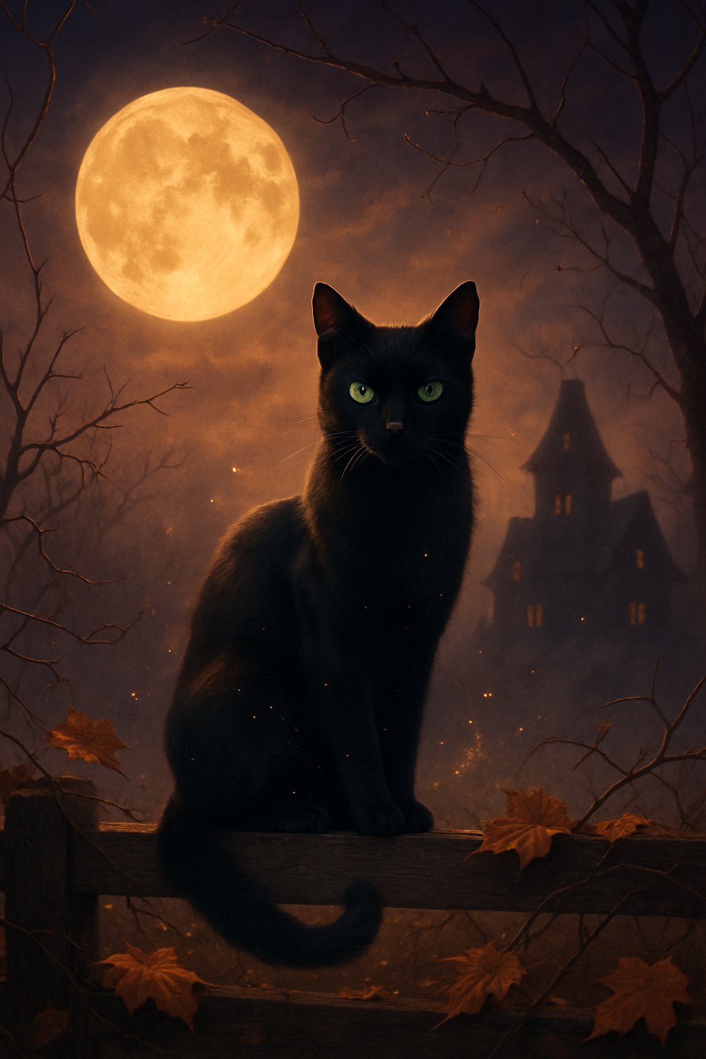 A black cat with green eyes sits on a wooden fence at night under a full moon, surrounded by autumn leaves and fog with a haunted house silhouette in the background.