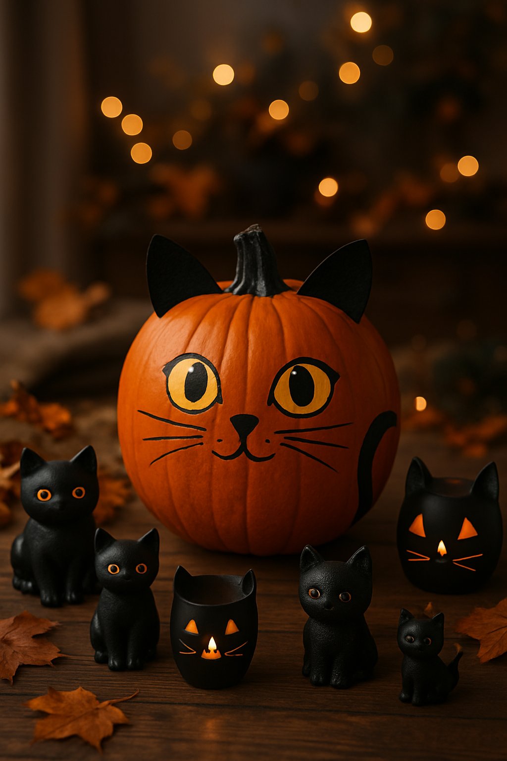 A hand-painted black cat pumpkin surrounded by black cat Halloween decorations arranged on a wooden table in a cozy home setting.