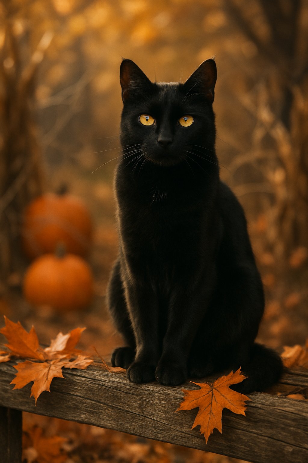 A black cat sitting on a wooden fence surrounded by autumn leaves with pumpkins and Halloween decorations in the background.