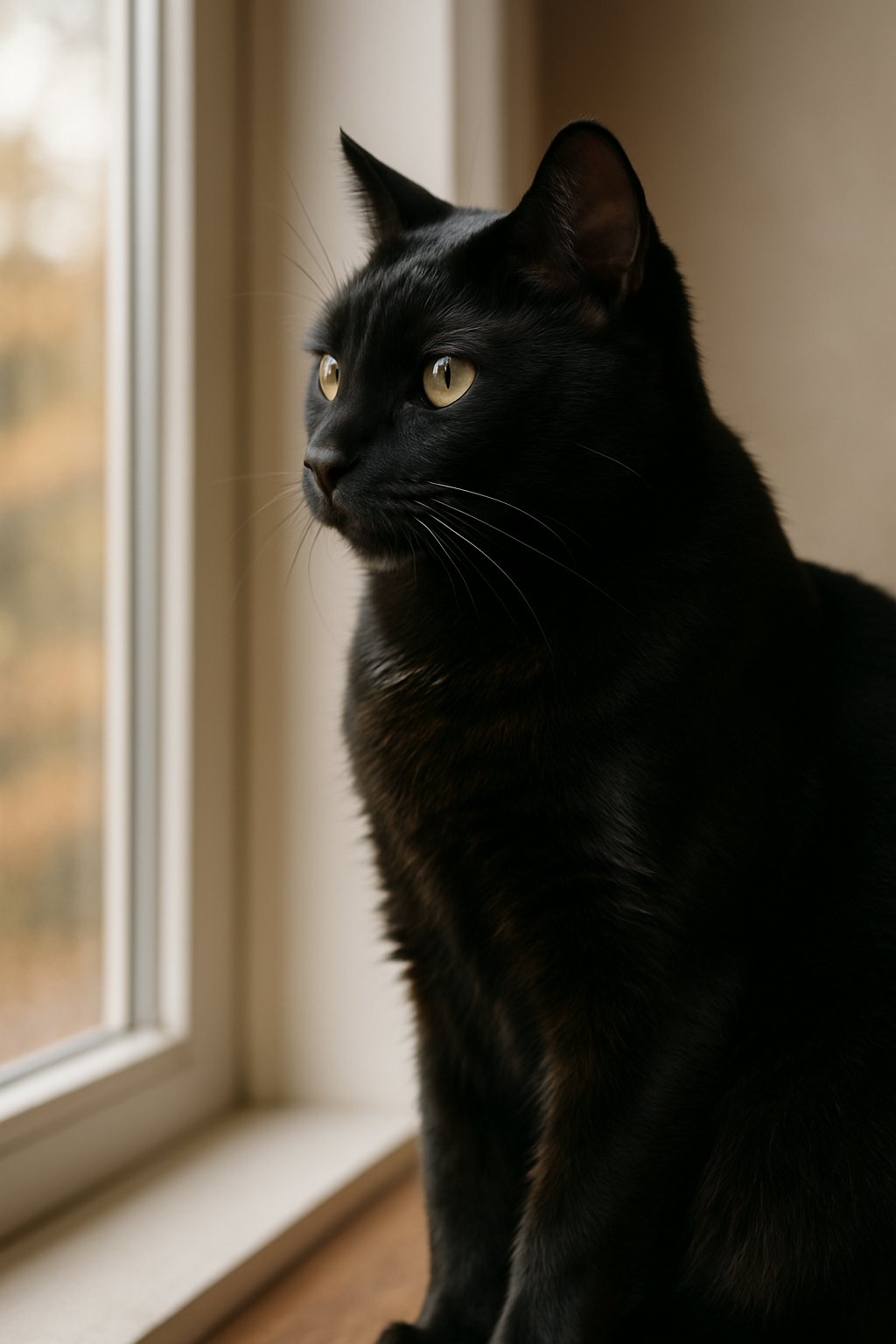 A black cat sitting calmly near a window with soft natural light illuminating its fur.