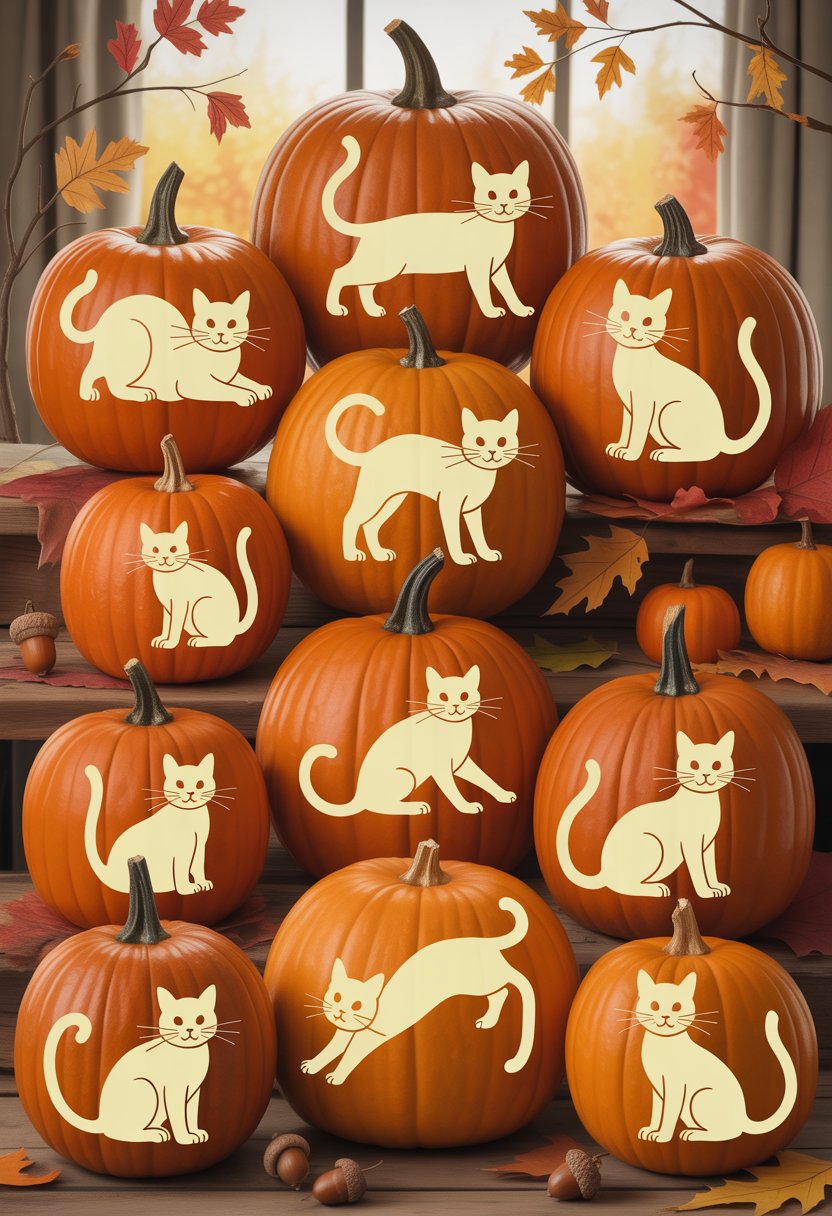 Nine pumpkins carved with detailed cat patterns in different poses, arranged with autumn leaves and fall decorations.