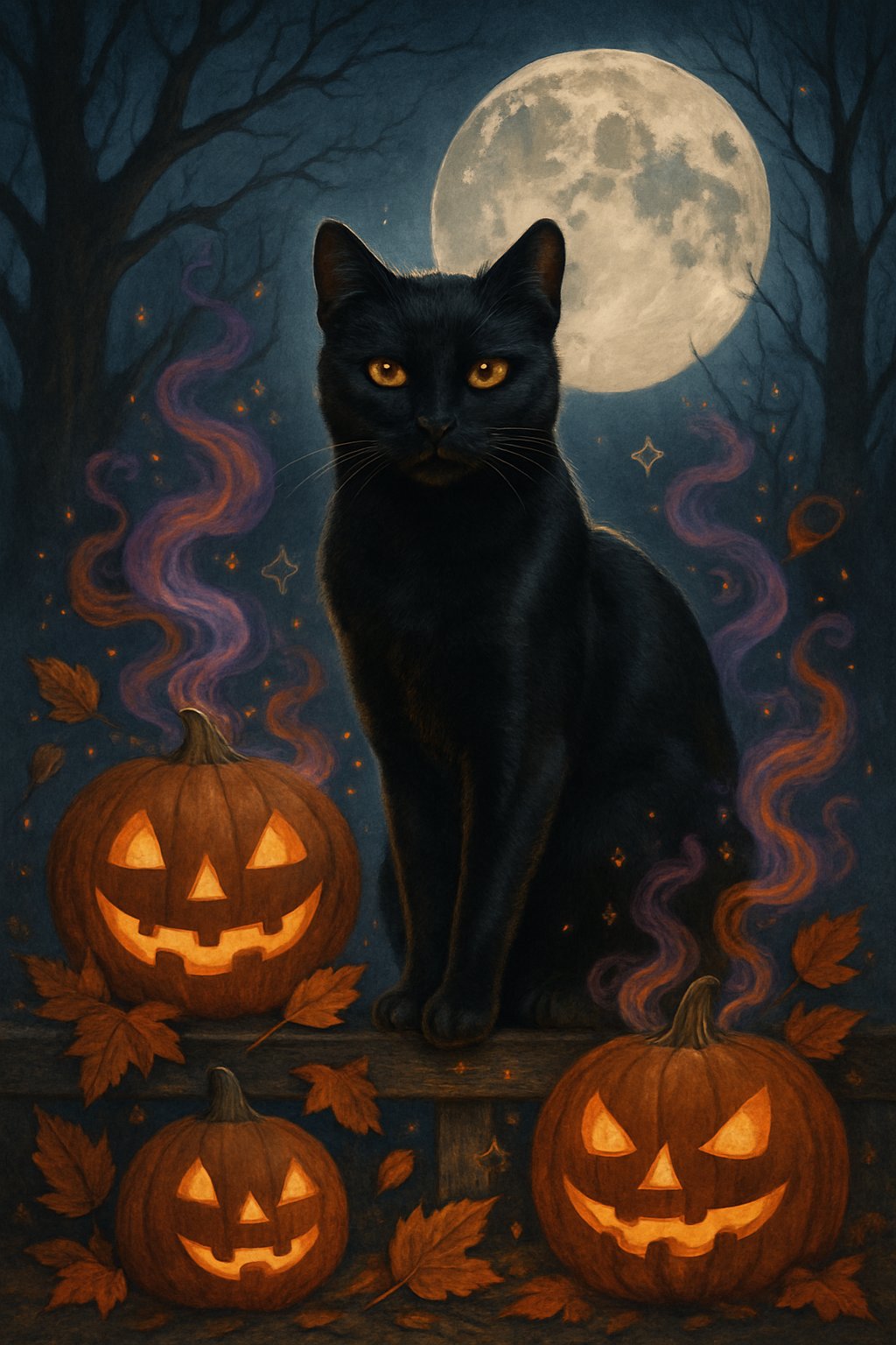 A black cat with glowing eyes sits on a wooden fence surrounded by jack-o'-lanterns, autumn leaves, and a full moon over a dark forest.