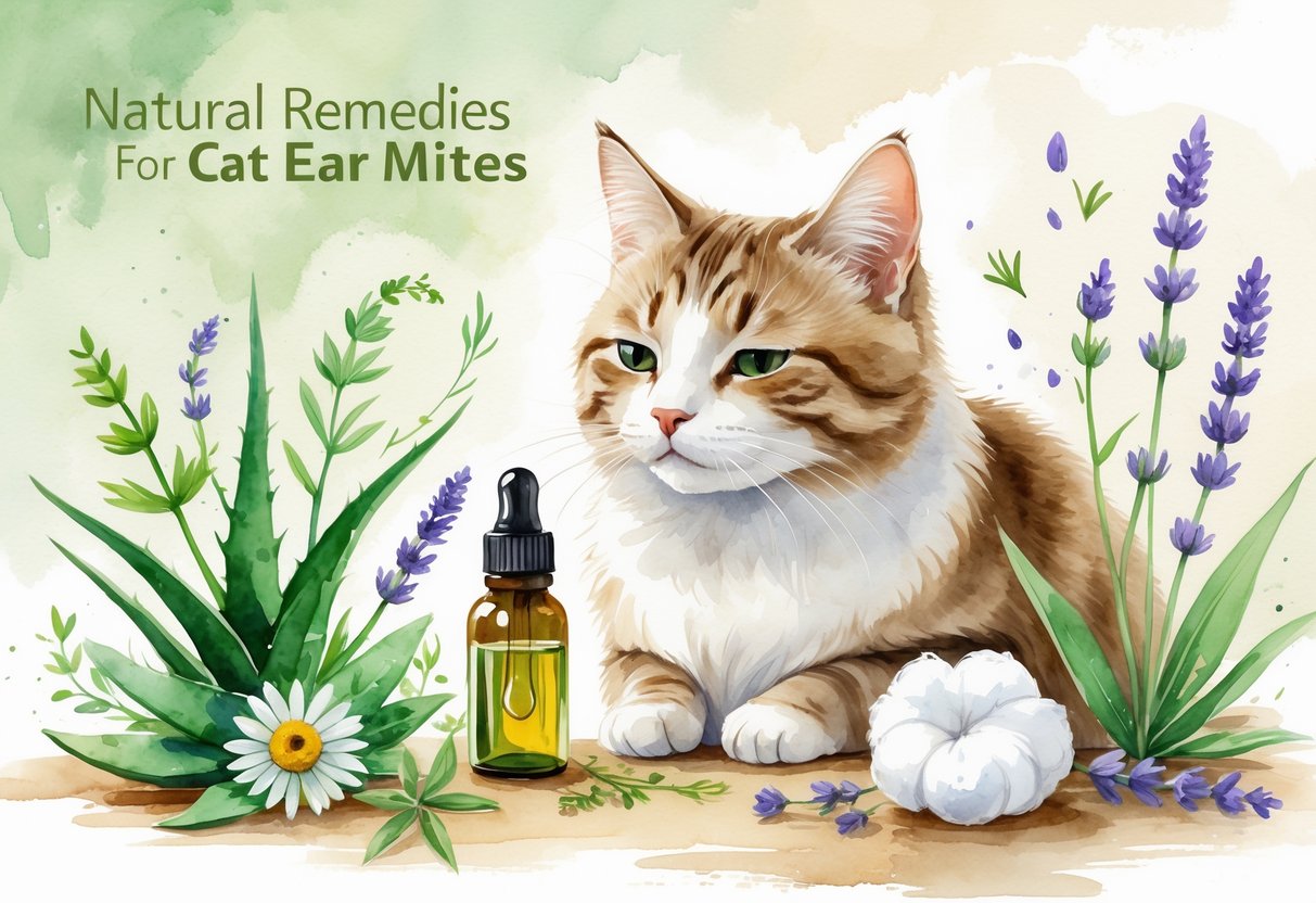 A calm cat having its ear gently cleaned with natural herbs and oils placed nearby on a wooden surface.