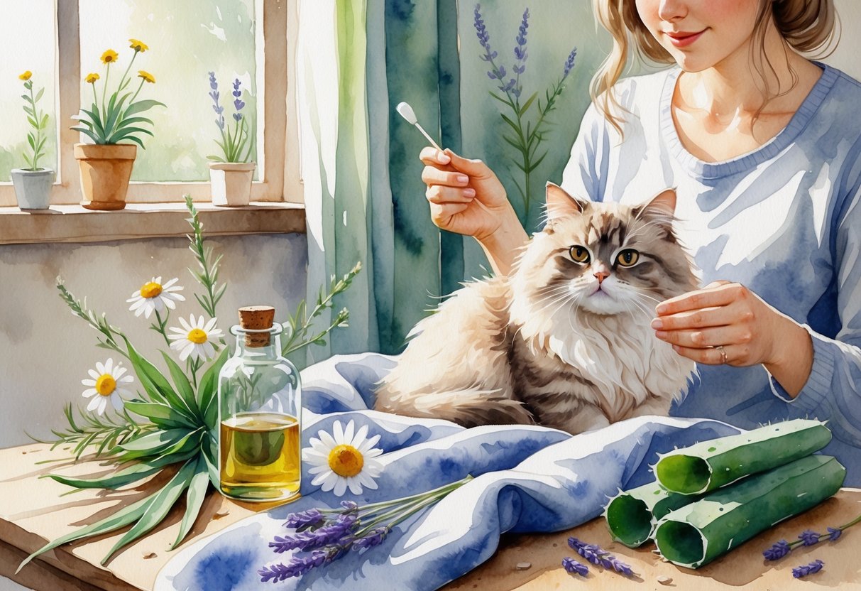 A person preparing natural ear mite treatment for a calm cat sitting on a blanket, with herbs and a small bottle on a wooden table nearby.