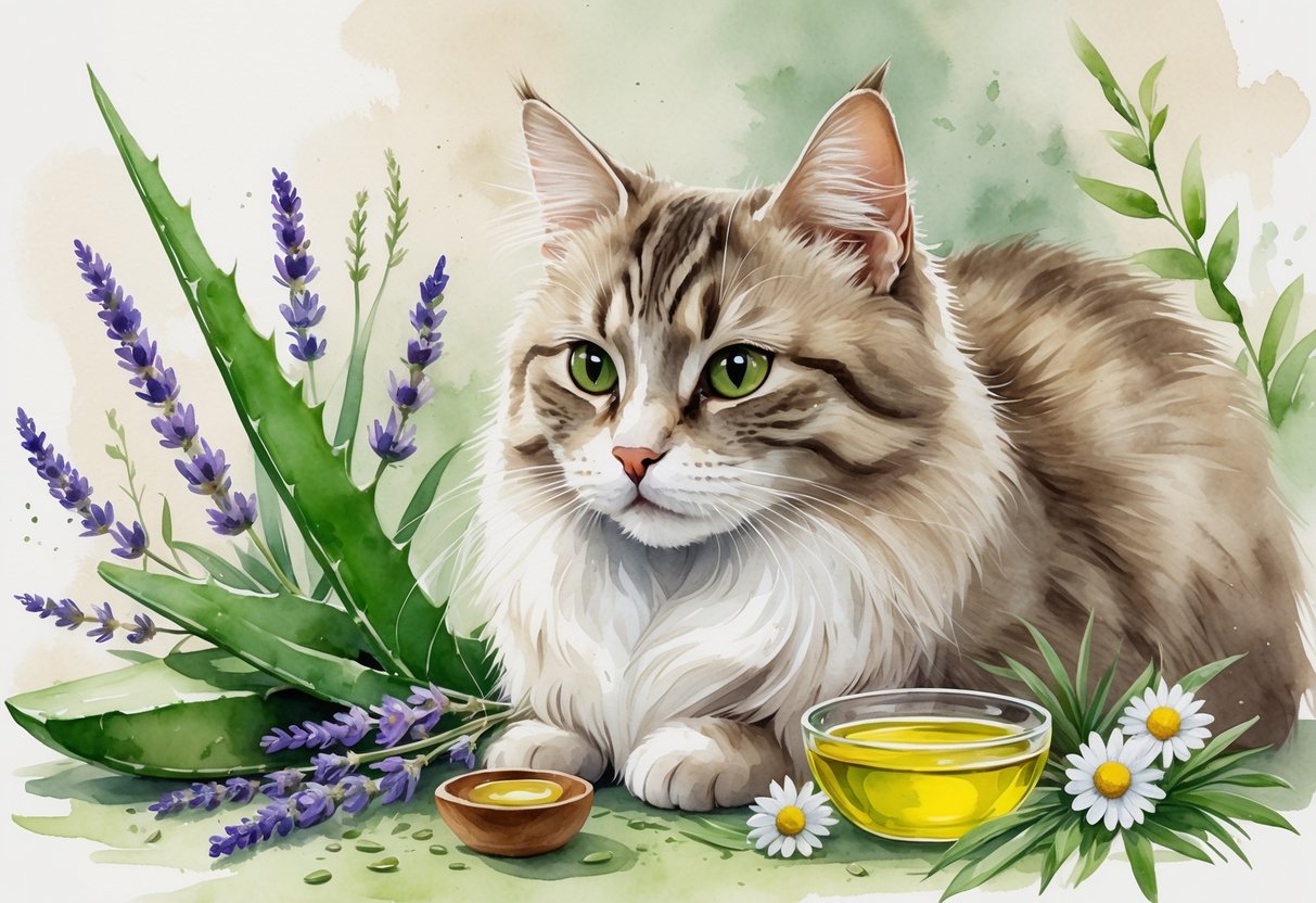 A calm cat surrounded by aloe vera, lavender, chamomile, and olive oil, representing natural treatments for ear mites.