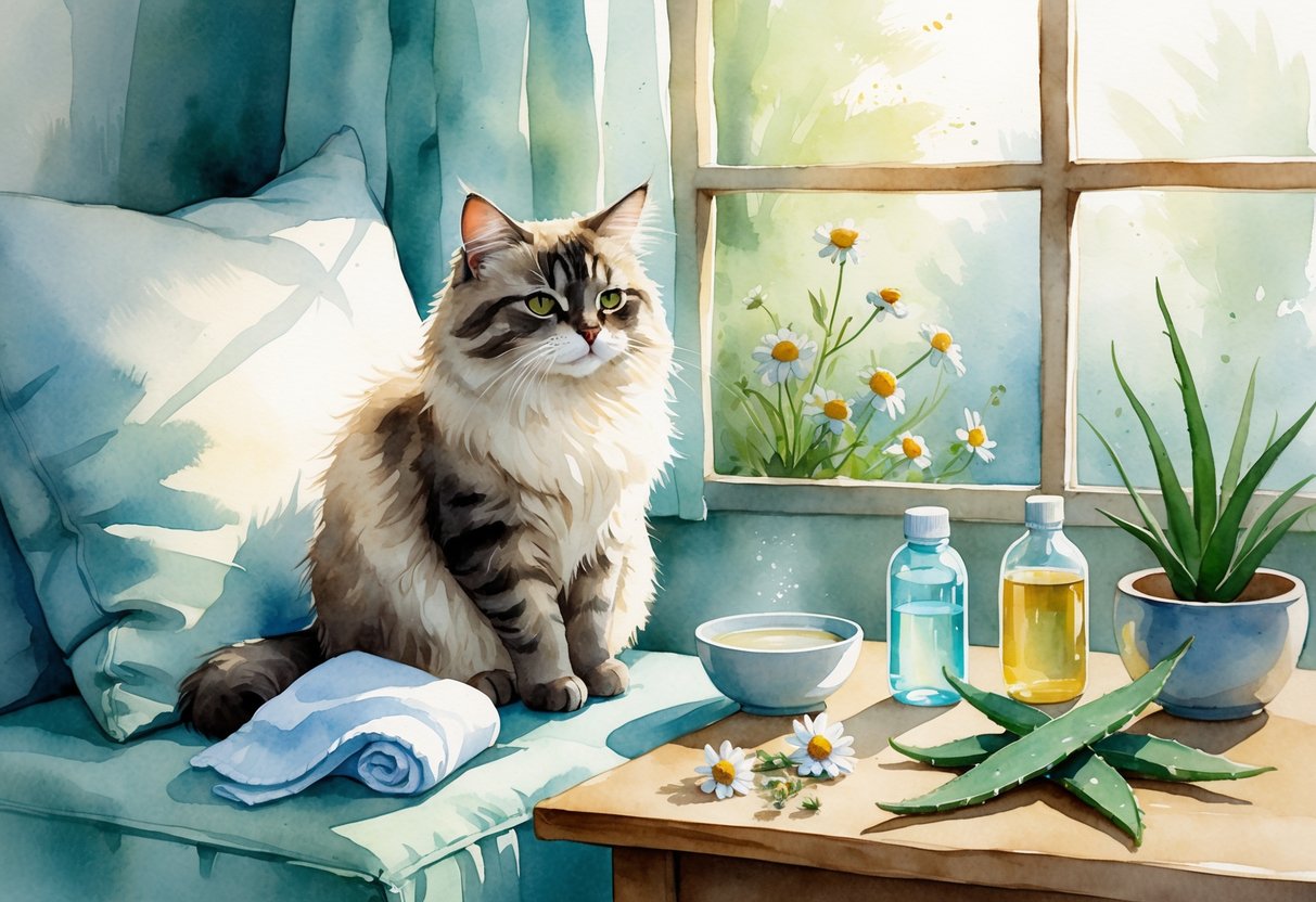 A calm cat sitting on a cushion next to a bowl of warm water, a damp cloth, and natural remedies on a wooden table in a cozy home setting.