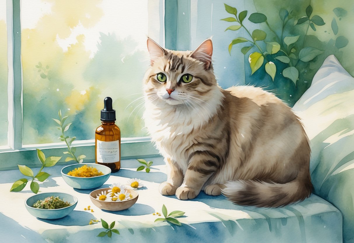 A calm domestic cat sitting on a cushion near a window with natural light, surrounded by small bowls and fresh herbs indicating natural remedies.
