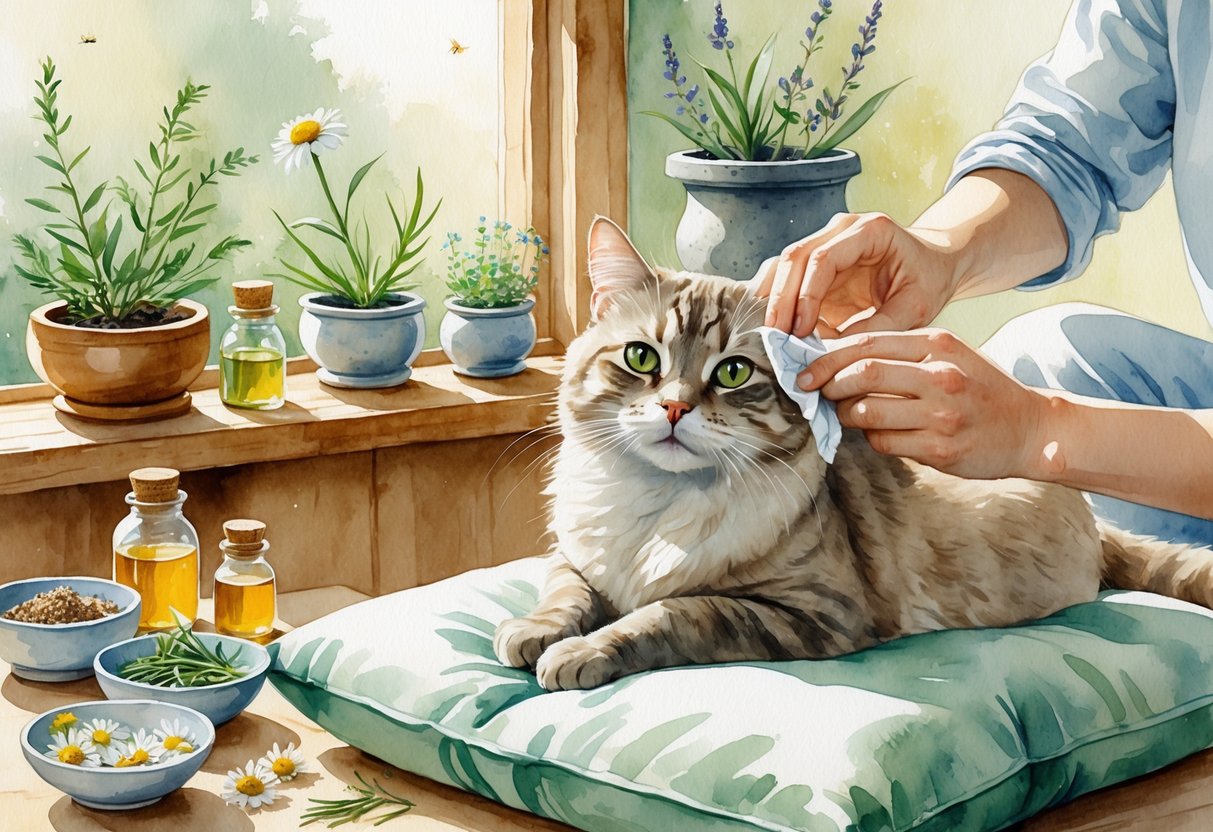 A cat sitting calmly while a person gently cleans its eye with natural remedies on a wooden table surrounded by herbal plants and small bowls of natural ingredients.