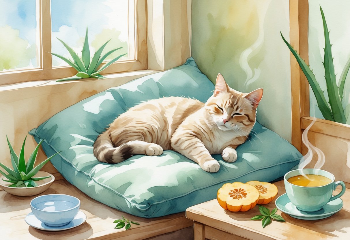 A cat resting comfortably on a cushion near a window with natural home remedy items like water, aloe leaves, pumpkin slices, and a cup of herbal tea nearby.