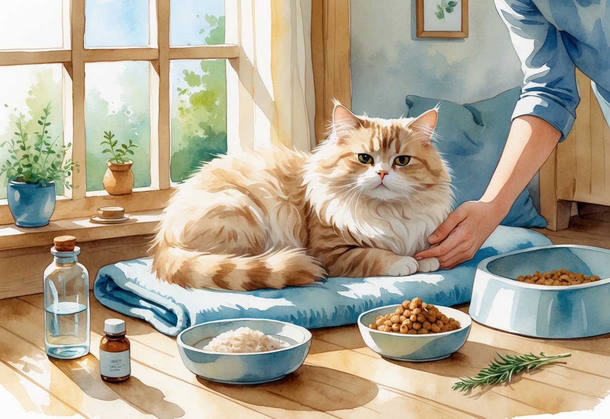 A calm cat sitting on a blanket near a window with a person gently petting it, surrounded by a bowl of water, soft cat food, and home care items.
