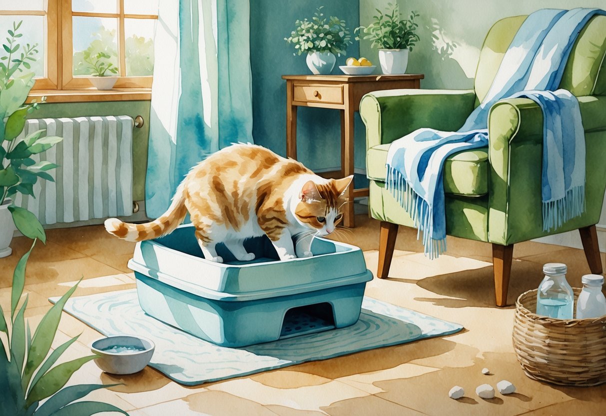 A calm cat near a clean litter box in a cozy living room with natural light and plants around.