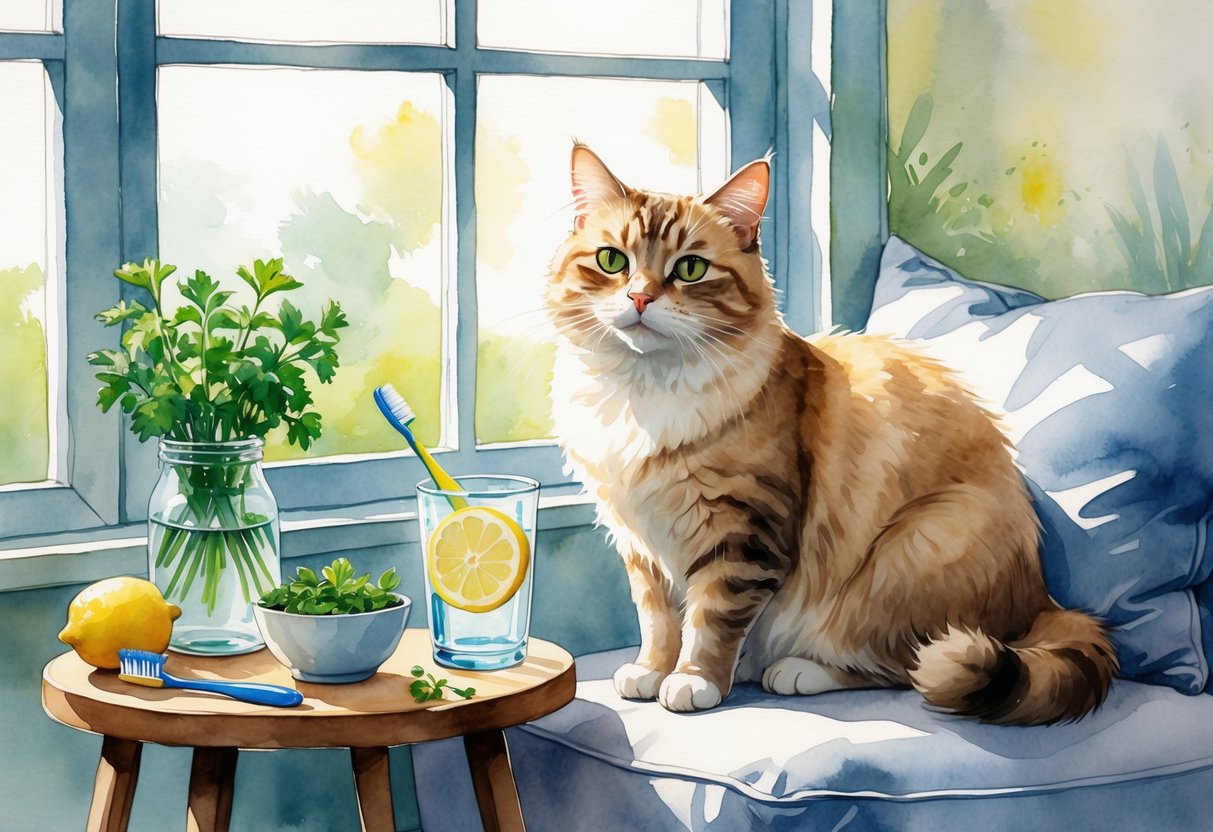 A cat sitting calmly on a cushion next to a table with natural remedies and a pet toothbrush in a sunlit room.
