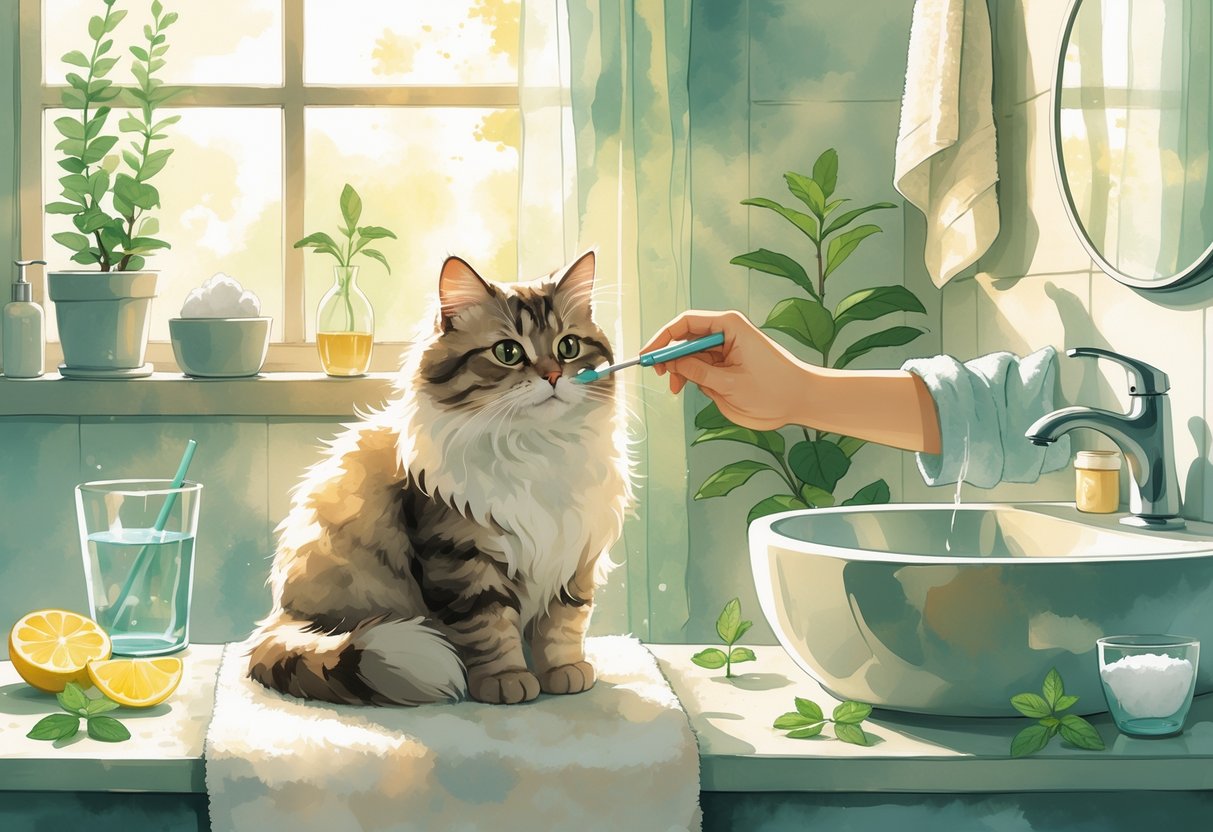 A person gently brushing a cat’s teeth in a cozy bathroom setting with natural dental care items nearby.