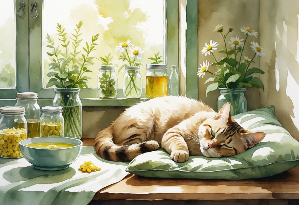 A peaceful scene showing a relaxed cat lying next to a bowl and jars of fresh herbs in a cozy kitchen corner.