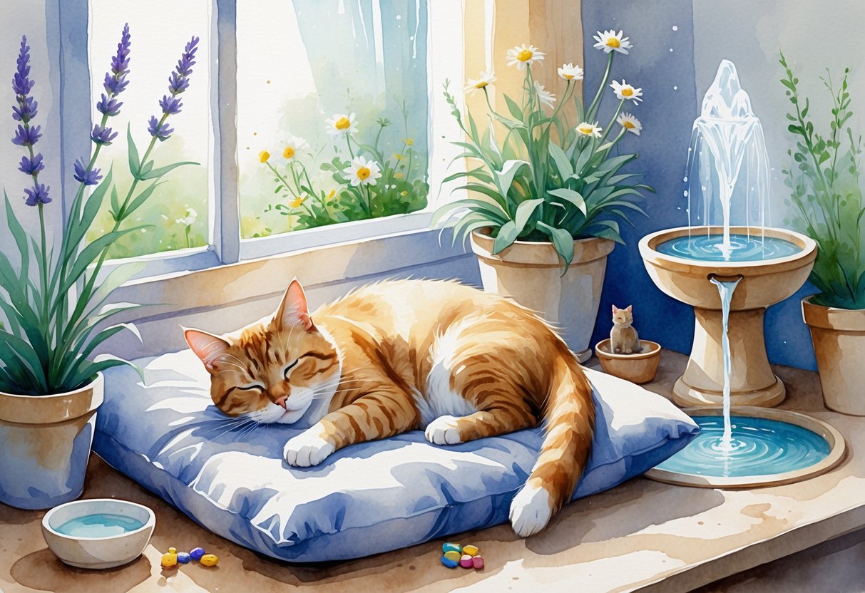 A calm cat resting on a cushion near a sunny window surrounded by plants and a small water fountain.