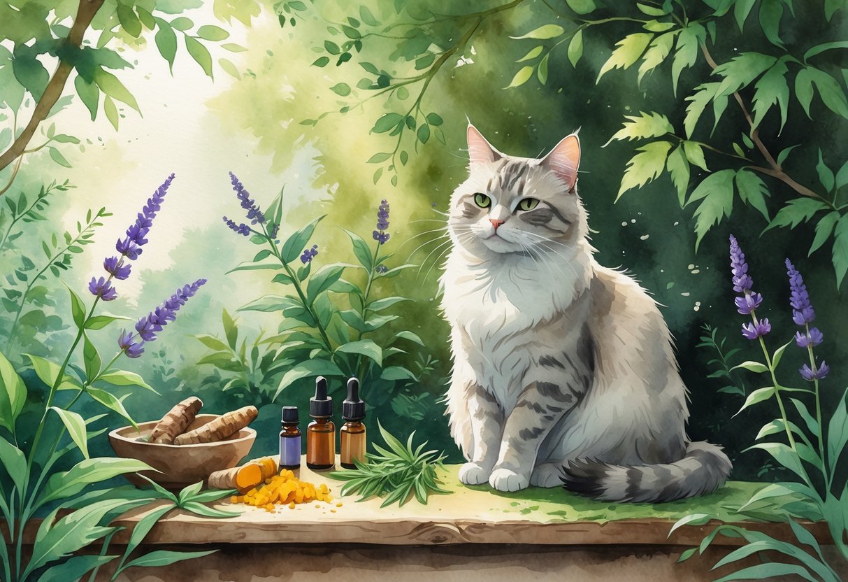 An elderly cat sitting peacefully in a garden surrounded by hemp leaves, lavender, turmeric roots, and small bottles of natural remedies.