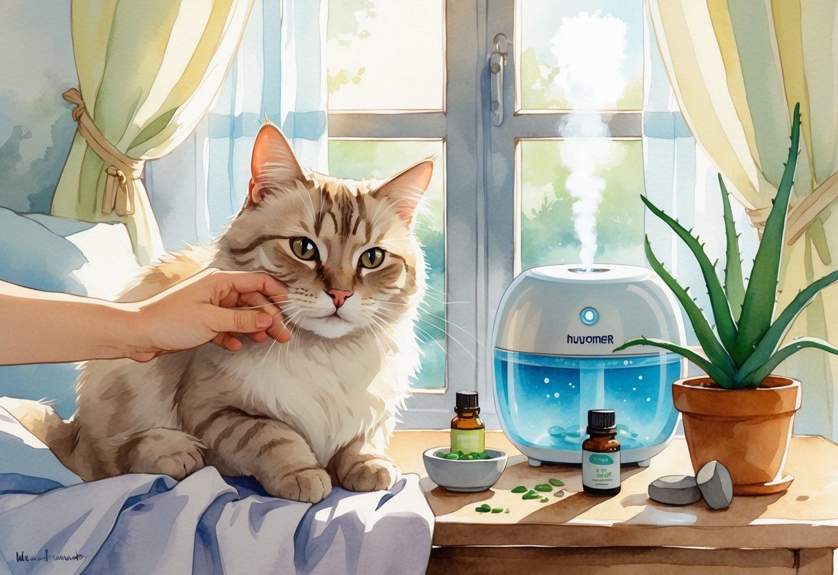 A person gently touching a calm cat's nose indoors with natural home remedies like a humidifier and plants nearby.
