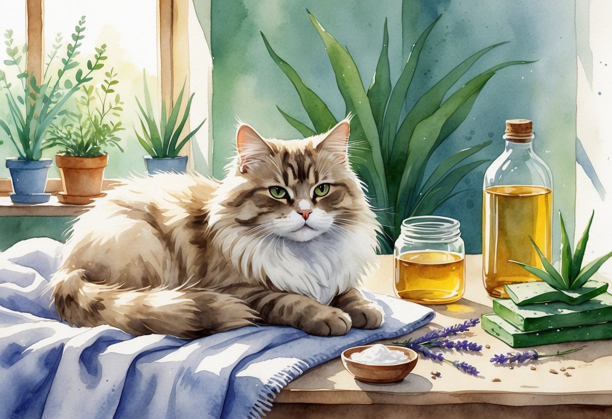 A calm cat with a small irritated patch on its ear sits on a blanket next to natural remedies like coconut oil, aloe vera, and apple cider vinegar on a wooden table in a cozy home setting.