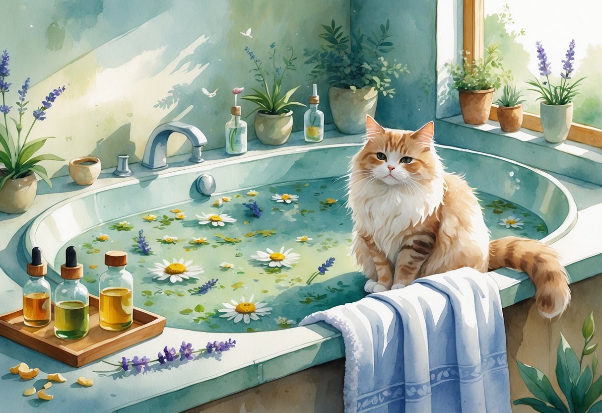 A calm cat sitting on a towel beside a bathtub filled with warm water and medicinal herbs, surrounded by bottles and natural remedies in a peaceful bathroom.