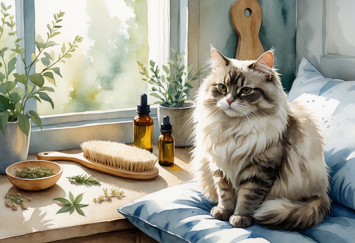 A calm cat sitting on a cushion next to grooming tools and natural remedies on a wooden table in a softly lit room.