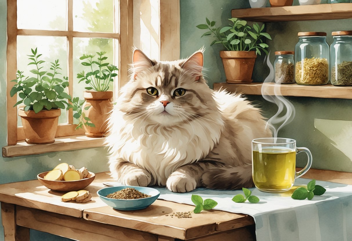 A calm cat sitting on a wooden table surrounded by natural home remedy ingredients like ginger, fennel seeds, chamomile tea, and mint leaves in a cozy kitchen.