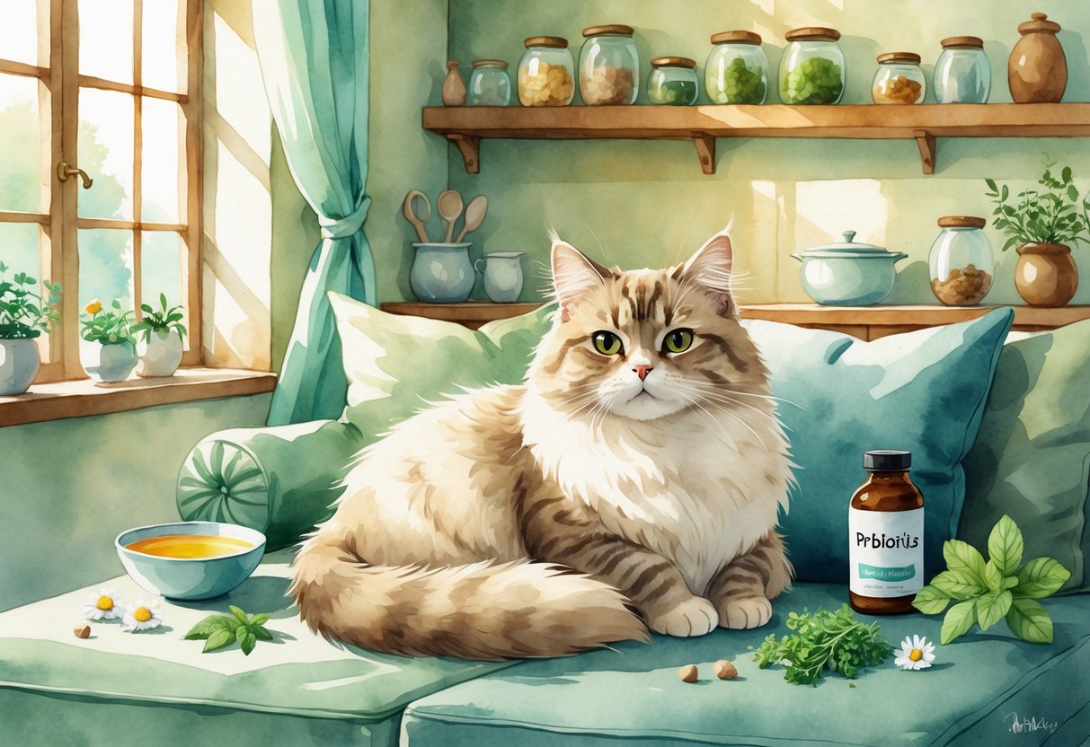A calm cat sitting on a cushion surrounded by natural home remedy items like herbs, tea, and a small bottle in a warm kitchen setting.
