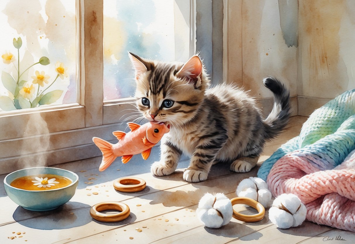 A small kitten chewing on a soft toy near a window with natural light, surrounded by homemade teething aids and cozy items in a warm indoor setting.