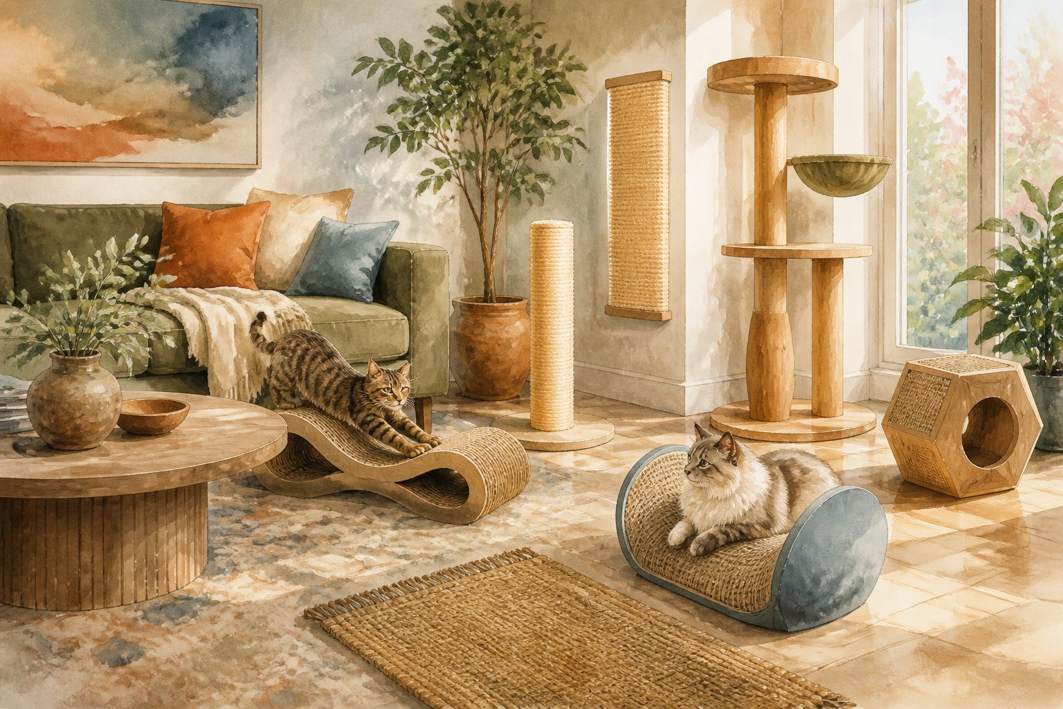 A stylish living room with seven decorative cat scratchers and two cats.
