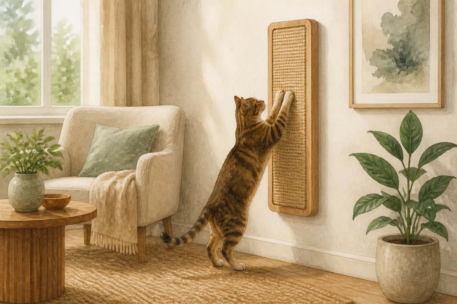 A cat scratches a wall-mounted panel in a stylish, uncluttered living room.